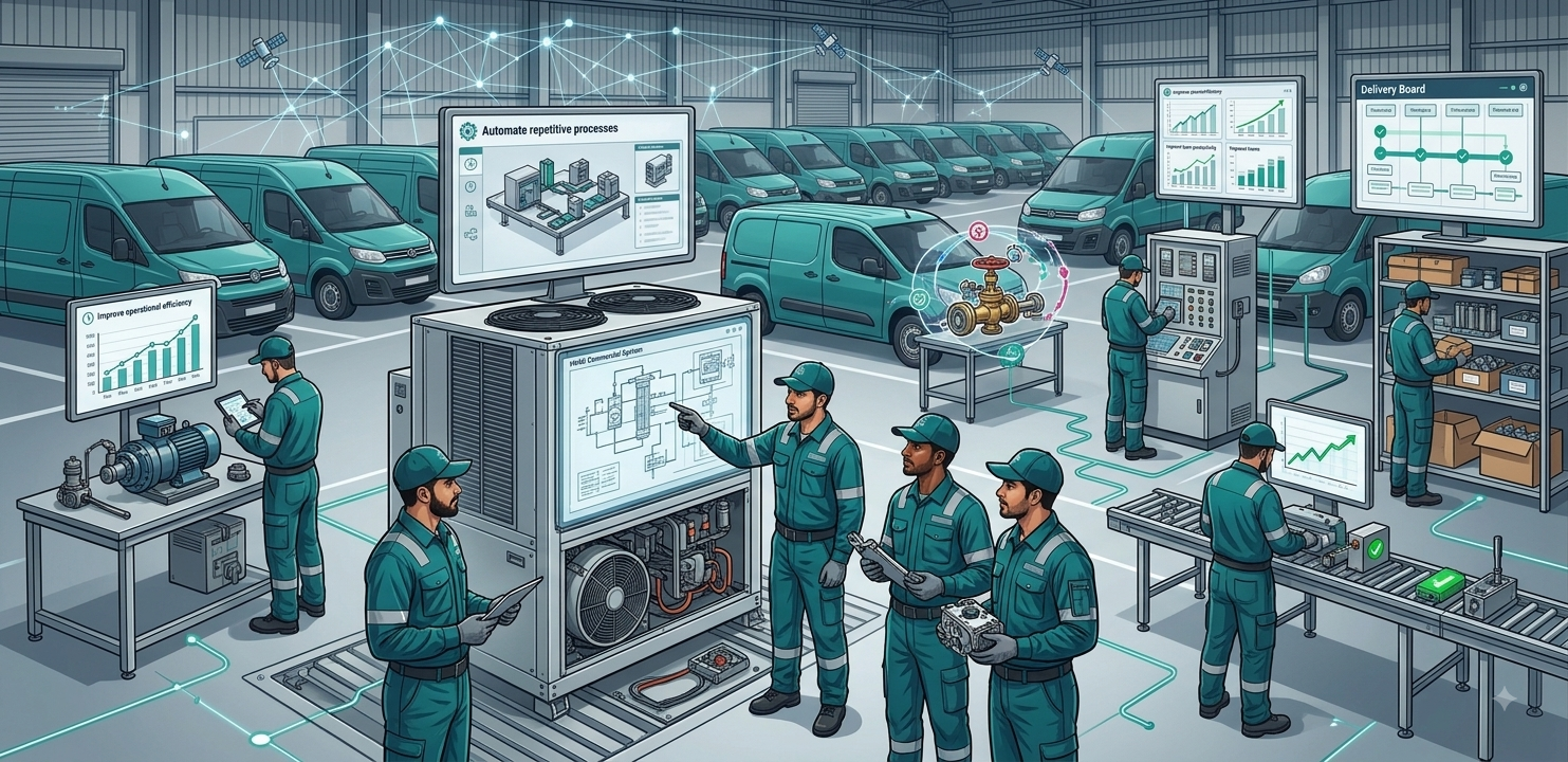 Technicians coordinating workflow automation