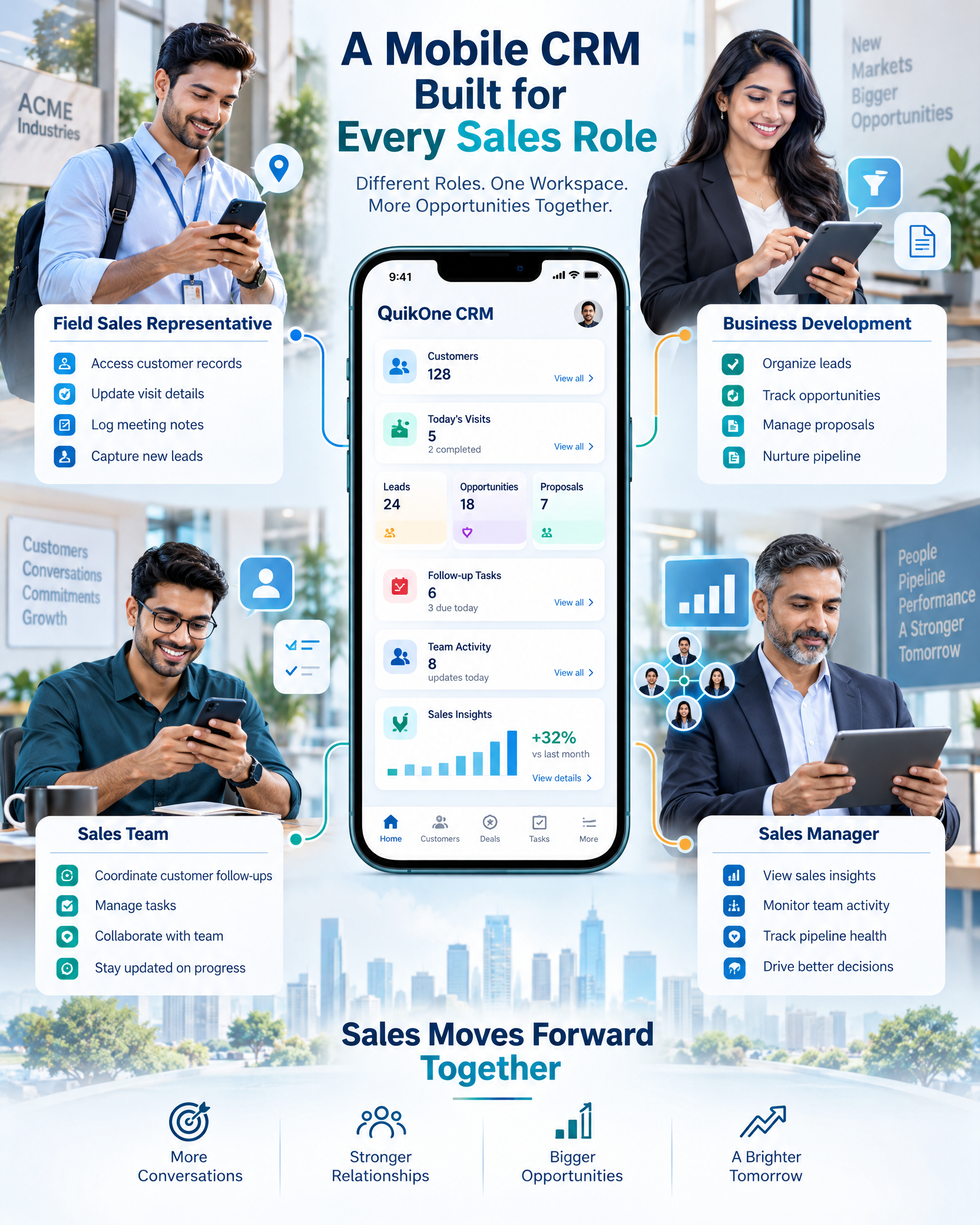 Sales roles using the QuikOne CRM mobile app