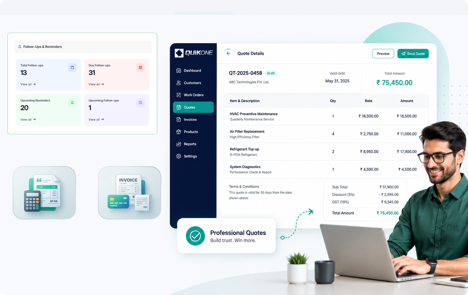 QuikFSM quotation dashboard showing quote details and approvals