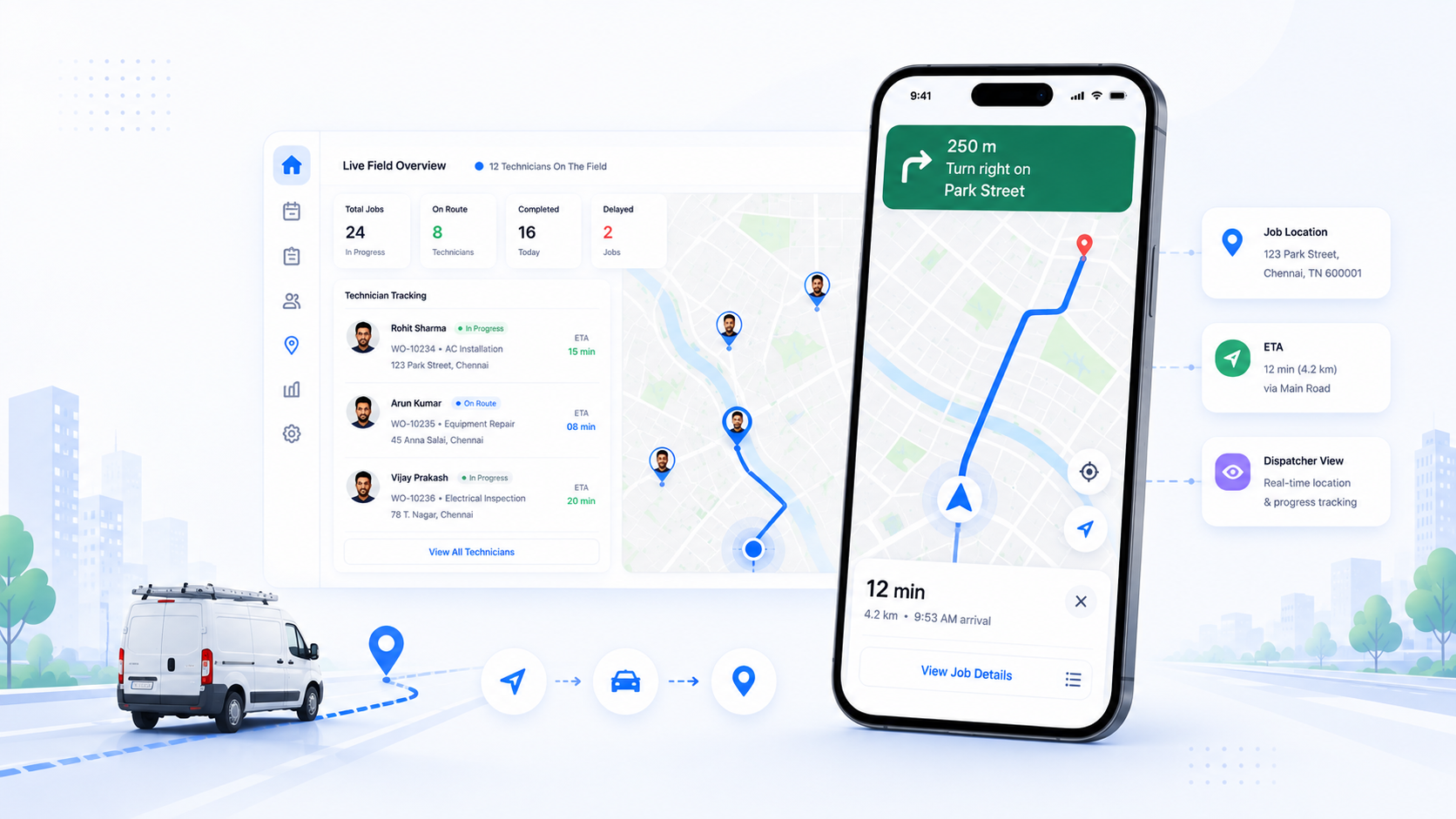 Built-in GPS navigation and technician route map
